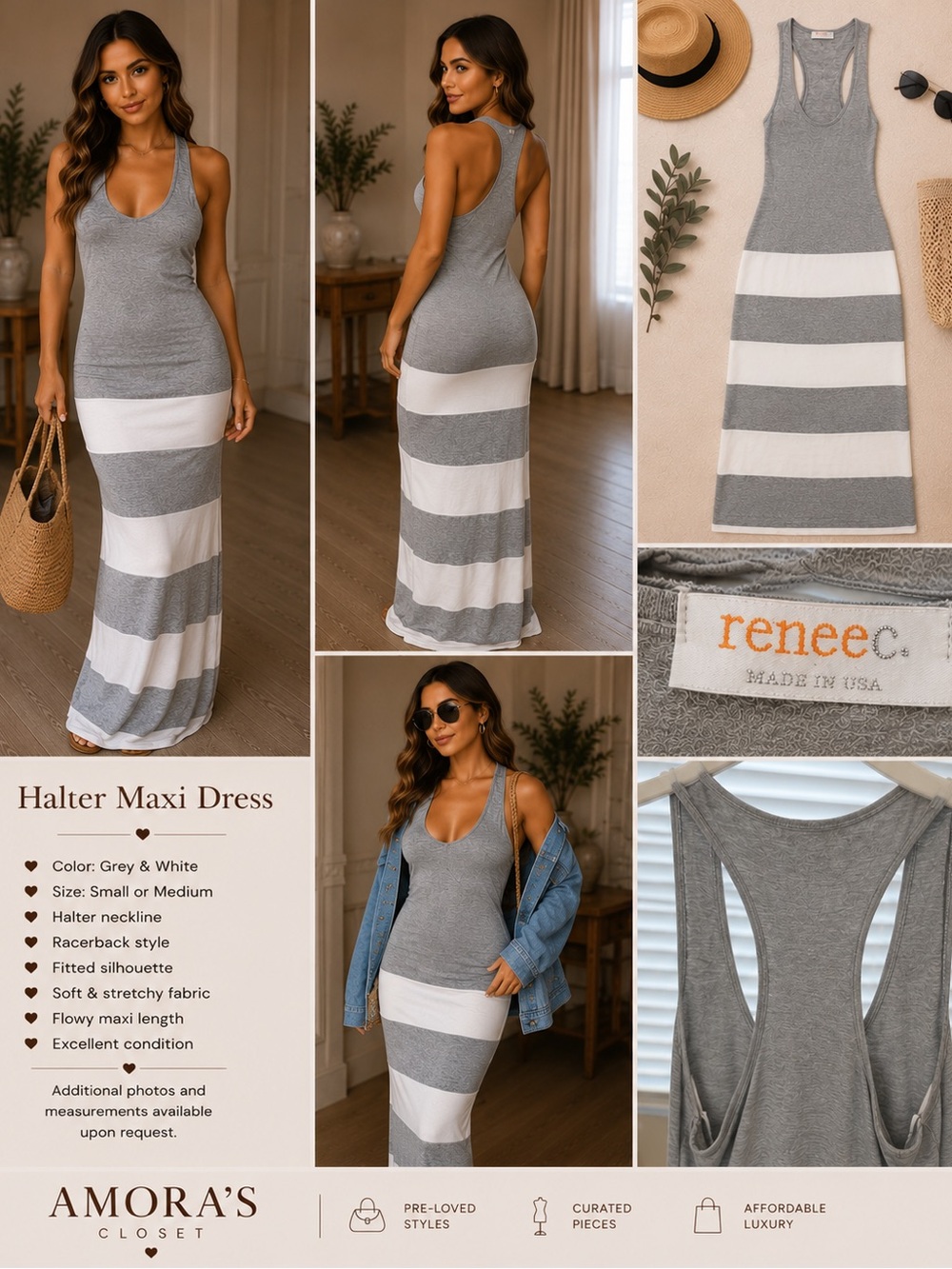 Renee C. Grey and White Striped Halter Maxi Dress